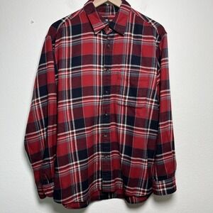 Uniqlo Men Flannel Shirt Large Red Black Plaid Long Sleeve Preppy Cabin Holiday